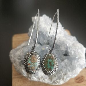 Vintage Sterling Silver Genuine Turquoise Marcasites Long Hook Dangle Earrings